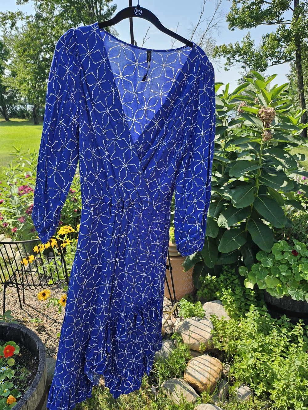 Tracy Reese Royal Blue Long Sleeve Wrap Midi Dress with Star Print